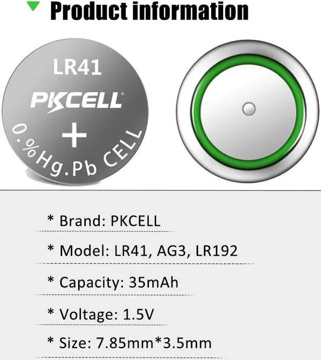 Alt view image 2 of 7 - PKCELL AG3 1.5V Battery LR41 392 384 192 Button Alkaline Cell for Digital Thermometer- 40Count