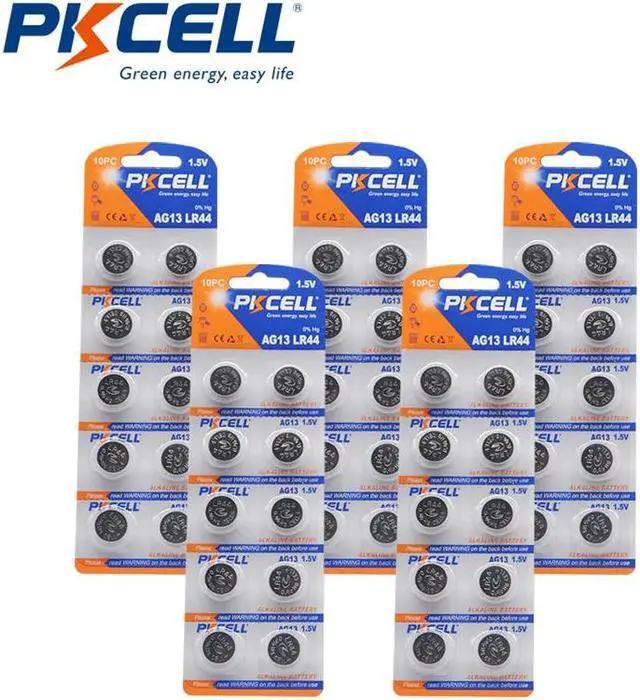 Main image of PKCELL LR44 Batteries 50-Pack 1.5 Volt Alkaline AG13 Watch Battery 357 303 A76 SR44 Button Coin Cell Battery