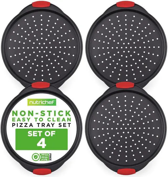 Main image of NutriChef Non-Stick Pizza Tray with Silicone Handles, 4-Pack Round Steel Non-Stick Pans with Perforated Holes, Premium Bakeware, Pizza Trays with Silicone and Oversized Handles, Dishwasher Safe