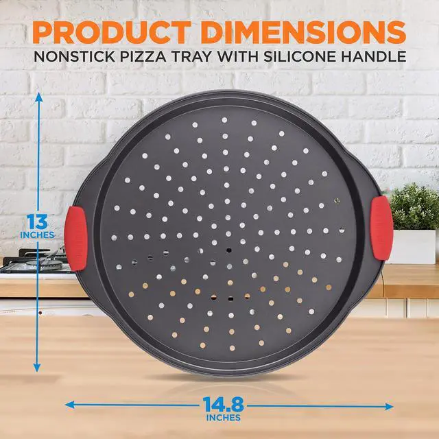 Alt view image 2 of 7 - NutriChef Non-Stick Pizza Tray with Silicone Handles, 4-Pack Round Steel Non-Stick Pans with Perforated Holes, Premium Bakeware, Pizza Trays with Silicone and Oversized Handles, Dishwasher Safe