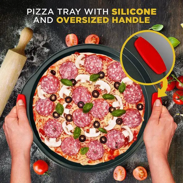 Alt view image 5 of 7 - NutriChef Non-Stick Pizza Tray with Silicone Handles, 4-Pack Round Steel Non-Stick Pans with Perforated Holes, Premium Bakeware, Pizza Trays with Silicone and Oversized Handles, Dishwasher Safe