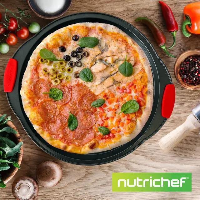 Alt view image 7 of 7 - NutriChef Non-Stick Pizza Tray with Silicone Handles, 4-Pack Round Steel Non-Stick Pans with Perforated Holes, Premium Bakeware, Pizza Trays with Silicone and Oversized Handles, Dishwasher Safe