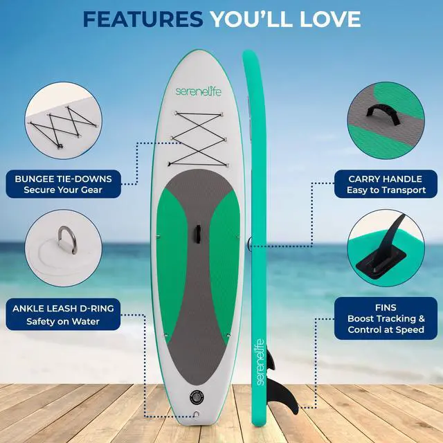 Alt view image 3 of 5 - SereneLife Inflatable Stand Up Paddle Board with Premium SUP Accessories, Wide Stable Design, Non-Slip EVA Deck Pad for Youth and Adults