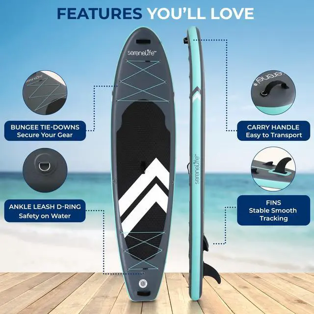 Alt view image 3 of 5 - SereneLife 11 Inflatable Stand Up Paddle Board with Premium SUP Accessories - 32 Wide Stable Design with Non-Slip EVA Deck Pad for Youth and Adults, 350 lbs. Capacity