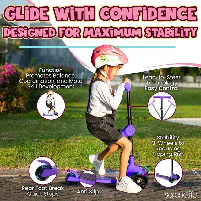 Alt view image 3 of 6 - SereneLife Kids Foldable LED Wheel Kick Scooter with Seat - Purple (SLKSC26PR)