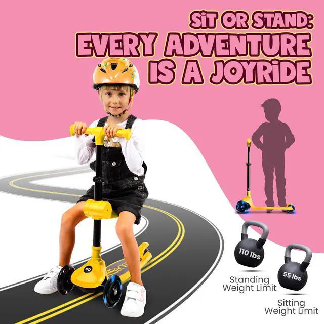 Alt view image 2 of 5 - SereneLife 3 Wheel Foldable Kids Scooter - Foldable Seat, LED Wheel Lights, Adjustable Handlebar, Rear Foot Brake, Lean-to-Steer, Anti-Slip Deck, Ideal for Toddlers Kids 3+, up to 110Lbs (Yellow)