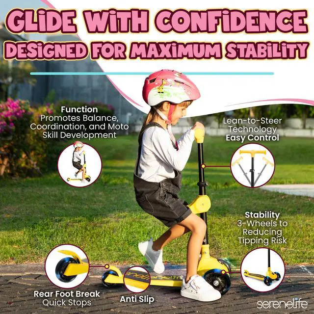 Alt view image 3 of 5 - SereneLife 3 Wheel Foldable Kids Scooter - Foldable Seat, LED Wheel Lights, Adjustable Handlebar, Rear Foot Brake, Lean-to-Steer, Anti-Slip Deck, Ideal for Toddlers Kids 3+, up to 110Lbs (Yellow)