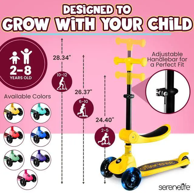 Alt view image 4 of 5 - SereneLife 3 Wheel Foldable Kids Scooter - Foldable Seat, LED Wheel Lights, Adjustable Handlebar, Rear Foot Brake, Lean-to-Steer, Anti-Slip Deck, Ideal for Toddlers Kids 3+, up to 110Lbs (Yellow)