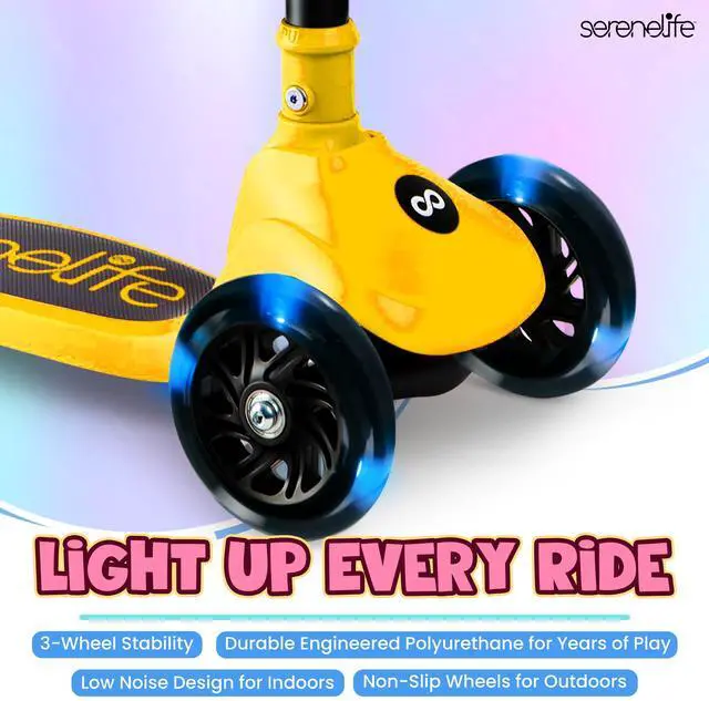 Alt view image 5 of 5 - SereneLife 3 Wheel Foldable Kids Scooter - Foldable Seat, LED Wheel Lights, Adjustable Handlebar, Rear Foot Brake, Lean-to-Steer, Anti-Slip Deck, Ideal for Toddlers Kids 3+, up to 110Lbs (Yellow)