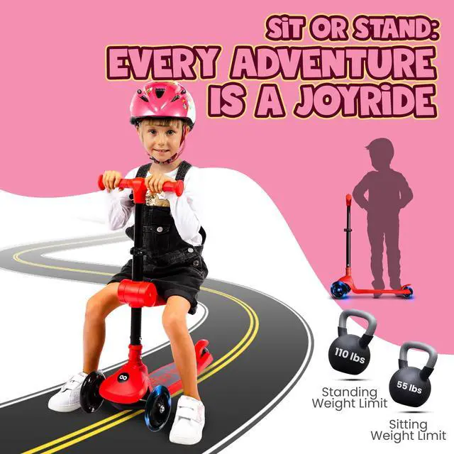Alt view image 2 of 5 - SereneLife 3-Wheel Foldable Kids Scooter  LED Wheel Lights, Adjustable Handlebar, Rear Foot Brake, Lean-to-Steer, Anti-Slip Deck  Ideal for Toddlers & Kids 2+, up to 110 lbs