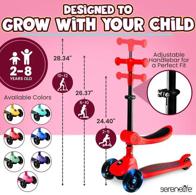 Alt view image 4 of 5 - SereneLife 3-Wheel Foldable Kids Scooter  LED Wheel Lights, Adjustable Handlebar, Rear Foot Brake, Lean-to-Steer, Anti-Slip Deck  Ideal for Toddlers & Kids 2+, up to 110 lbs