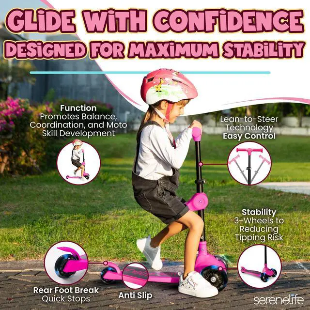 Alt view image 3 of 5 - SereneLife 3-Wheel Foldable Kids Scooter  LED Wheel Lights, Adjustable Handlebar, Rear Foot Brake, Lean-to-Steer, Anti-Slip Deck  Ideal for Toddlers & Kids 2+, up to 110 lbs