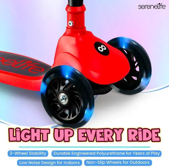 Alt view image 5 of 5 - SereneLife 3-Wheel Foldable Kids Scooter  LED Wheel Lights, Adjustable Handlebar, Rear Foot Brake, Lean-to-Steer, Anti-Slip Deck  Ideal for Toddlers & Kids 2+, up to 110 lbs