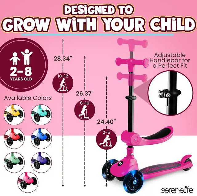 Alt view image 4 of 5 - SereneLife 3-Wheel Foldable Kids Scooter  LED Wheel Lights, Adjustable Handlebar, Rear Foot Brake, Lean-to-Steer, Anti-Slip Deck  Ideal for Toddlers & Kids 2+, up to 110 lbs