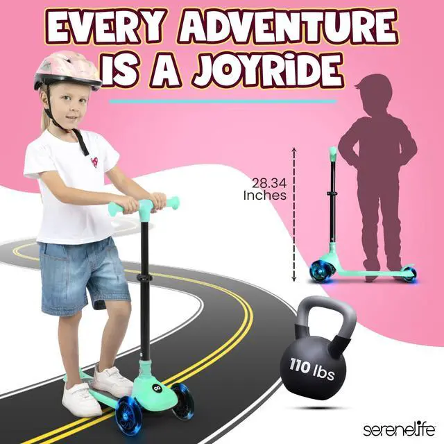 Alt view image 2 of 5 - SereneLife 3-Wheel Foldable Kids Scooter  LED Wheel Lights, Adjustable Handlebar, Rear Foot Brake, Lean-to-Steer, Anti-Slip Deck  Ideal for Toddlers & Kids 3+, up to 110 lbs