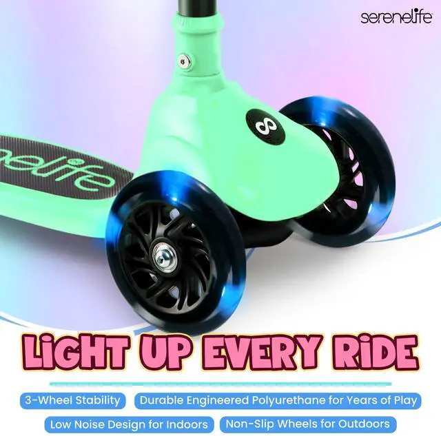 Alt view image 5 of 5 - SereneLife 3-Wheel Foldable Kids Scooter  LED Wheel Lights, Adjustable Handlebar, Rear Foot Brake, Lean-to-Steer, Anti-Slip Deck  Ideal for Toddlers & Kids 3+, up to 110 lbs