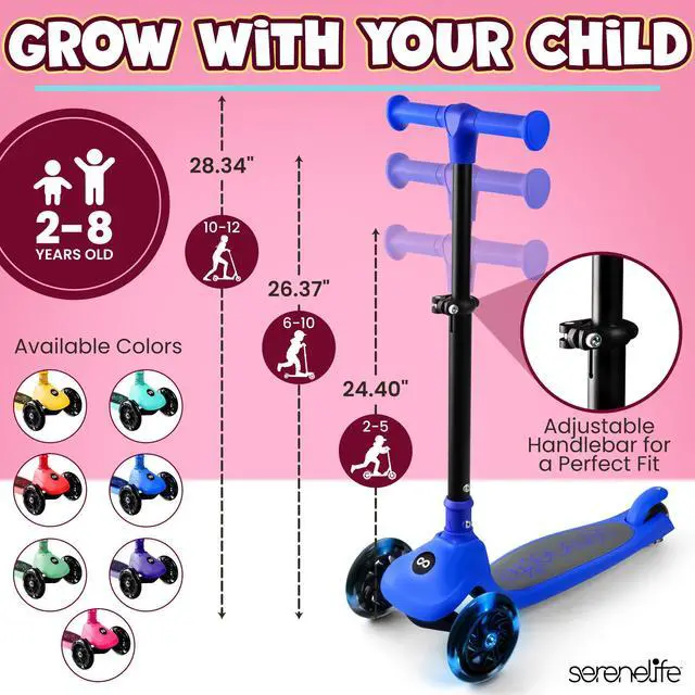 Alt view image 4 of 5 - SereneLife 3-Wheel Foldable Kids Scooter  LED Wheel Lights, Adjustable Handlebar, Rear Foot Brake, Lean-to-Steer, Anti-Slip Deck  Ideal for Toddlers & Kids 3+, up to 110 lbs
