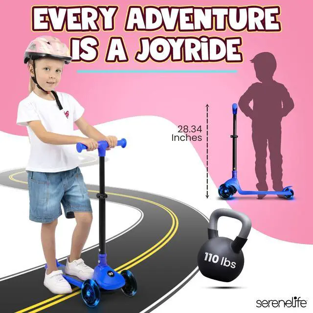 Alt view image 2 of 5 - SereneLife 3-Wheel Foldable Kids Scooter  LED Wheel Lights, Adjustable Handlebar, Rear Foot Brake, Lean-to-Steer, Anti-Slip Deck  Ideal for Toddlers & Kids 3+, up to 110 lbs