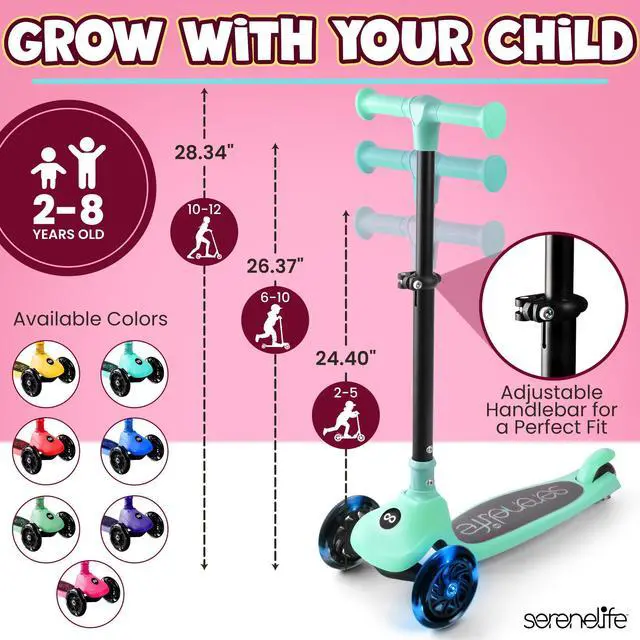 Alt view image 4 of 5 - SereneLife 3-Wheel Foldable Kids Scooter  LED Wheel Lights, Adjustable Handlebar, Rear Foot Brake, Lean-to-Steer, Anti-Slip Deck  Ideal for Toddlers & Kids 3+, up to 110 lbs