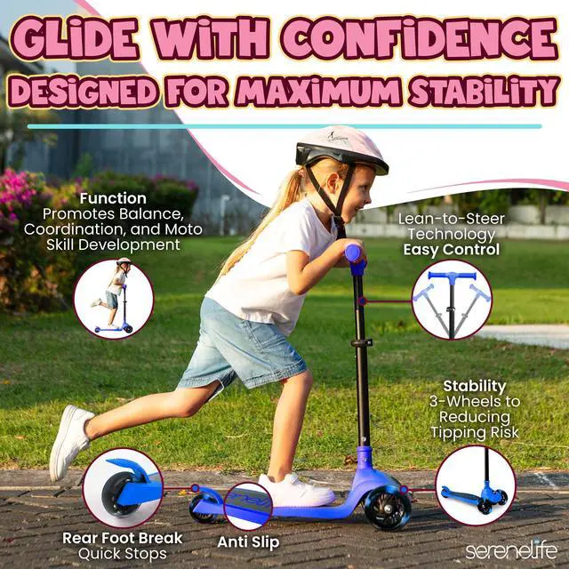 Alt view image 3 of 5 - SereneLife 3-Wheel Foldable Kids Scooter  LED Wheel Lights, Adjustable Handlebar, Rear Foot Brake, Lean-to-Steer, Anti-Slip Deck  Ideal for Toddlers & Kids 3+, up to 110 lbs
