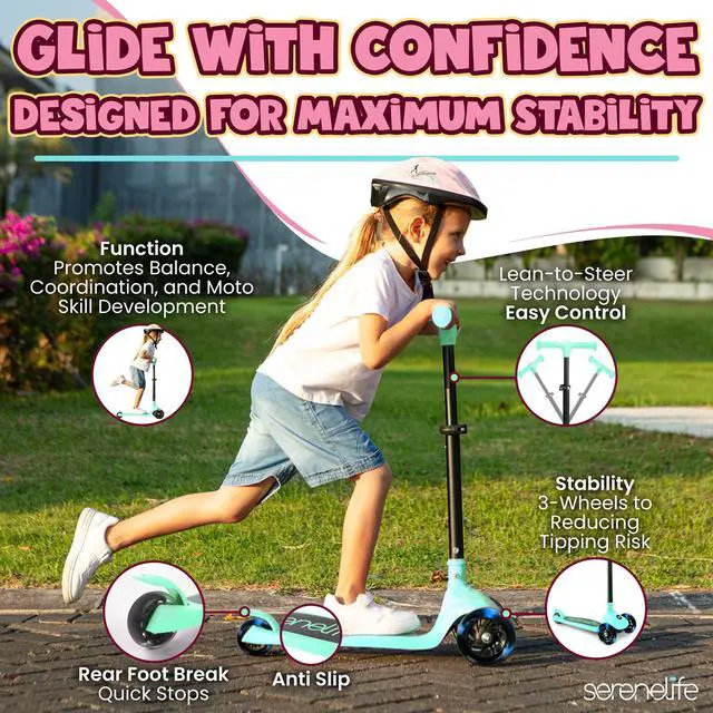 Alt view image 3 of 5 - SereneLife 3-Wheel Foldable Kids Scooter  LED Wheel Lights, Adjustable Handlebar, Rear Foot Brake, Lean-to-Steer, Anti-Slip Deck  Ideal for Toddlers & Kids 3+, up to 110 lbs