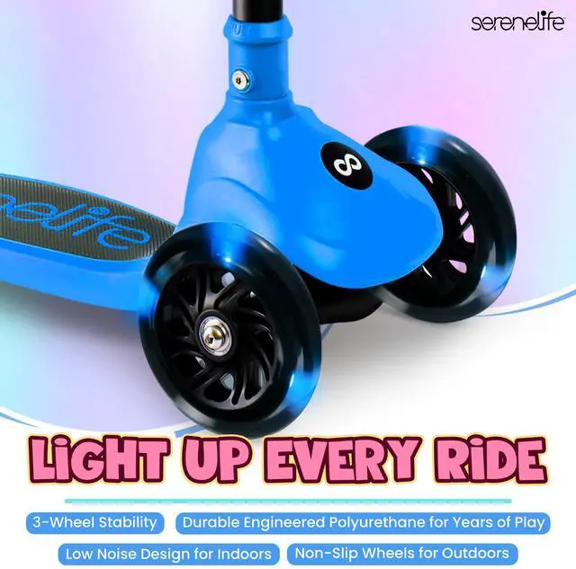 Alt view image 5 of 5 - SereneLife 3-Wheel Foldable Kids Scooter  LED Wheel Lights, Adjustable Handlebar, Rear Foot Brake, Lean-to-Steer, Anti-Slip Deck  Ideal for Toddlers & Kids 3+, up to 110 lbs
