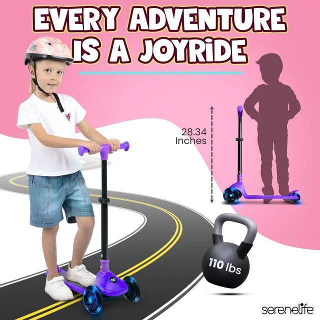 Alt view image 2 of 5 - SereneLife 3-Wheel Foldable Kids Scooter  LED Wheel Lights, Adjustable Handlebar, Rear Foot Brake, Lean-to-Steer, Anti-Slip Deck  Ideal for Toddlers & Kids 3+, up to 110 lbs