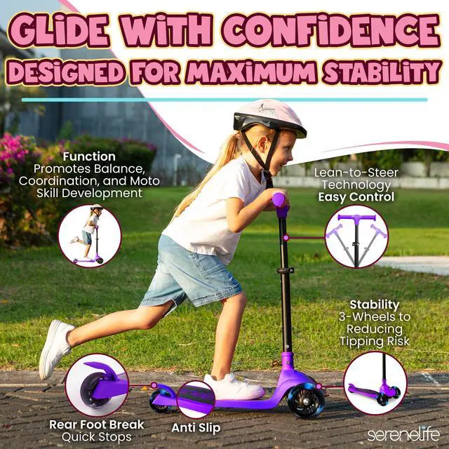 Alt view image 3 of 5 - SereneLife 3-Wheel Foldable Kids Scooter  LED Wheel Lights, Adjustable Handlebar, Rear Foot Brake, Lean-to-Steer, Anti-Slip Deck  Ideal for Toddlers & Kids 3+, up to 110 lbs