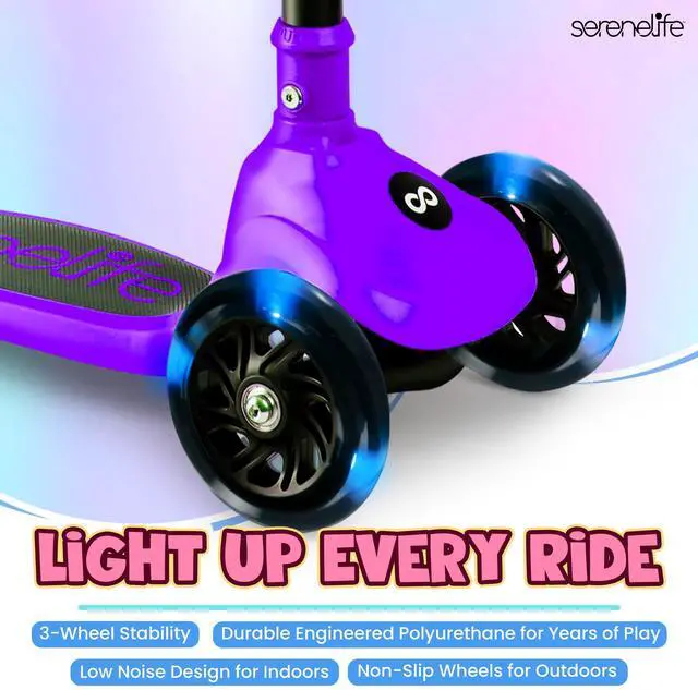 Alt view image 5 of 5 - SereneLife 3-Wheel Foldable Kids Scooter  LED Wheel Lights, Adjustable Handlebar, Rear Foot Brake, Lean-to-Steer, Anti-Slip Deck  Ideal for Toddlers & Kids 3+, up to 110 lbs