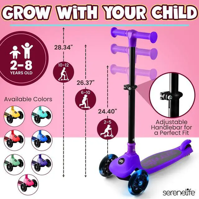 Alt view image 4 of 5 - SereneLife 3-Wheel Foldable Kids Scooter  LED Wheel Lights, Adjustable Handlebar, Rear Foot Brake, Lean-to-Steer, Anti-Slip Deck  Ideal for Toddlers & Kids 3+, up to 110 lbs