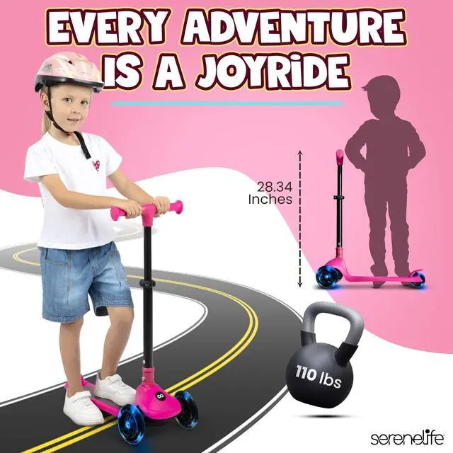 Alt view image 2 of 5 - SereneLife 3-Wheel Foldable Kids Scooter  LED Wheel Lights, Adjustable Handlebar, Rear Foot Brake, Lean-to-Steer, Anti-Slip Deck  Ideal for Toddlers & Kids 3+, up to 110 lbs