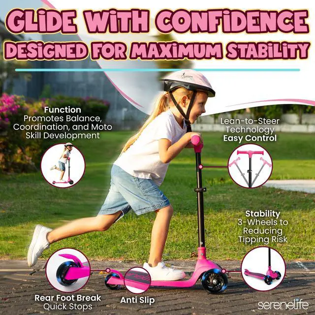 Alt view image 3 of 5 - SereneLife 3-Wheel Foldable Kids Scooter  LED Wheel Lights, Adjustable Handlebar, Rear Foot Brake, Lean-to-Steer, Anti-Slip Deck  Ideal for Toddlers & Kids 3+, up to 110 lbs