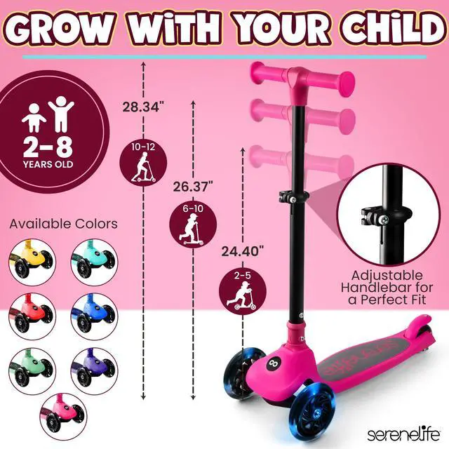 Alt view image 4 of 5 - SereneLife 3-Wheel Foldable Kids Scooter  LED Wheel Lights, Adjustable Handlebar, Rear Foot Brake, Lean-to-Steer, Anti-Slip Deck  Ideal for Toddlers & Kids 3+, up to 110 lbs