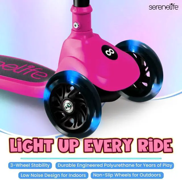 Alt view image 5 of 5 - SereneLife 3-Wheel Foldable Kids Scooter  LED Wheel Lights, Adjustable Handlebar, Rear Foot Brake, Lean-to-Steer, Anti-Slip Deck  Ideal for Toddlers & Kids 2+, up to 110 lbs