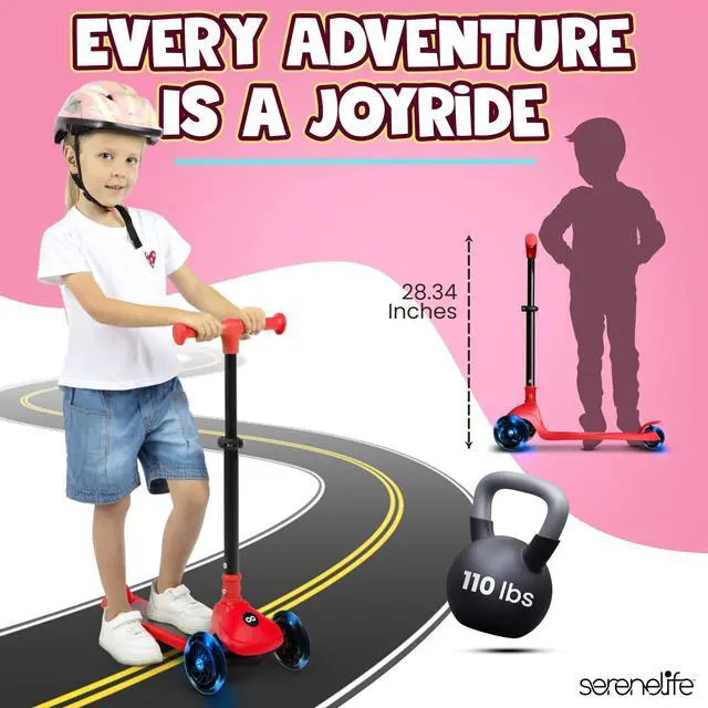 Alt view image 2 of 5 - SereneLife 3-Wheel Foldable Kids Scooter  LED Wheel Lights, Adjustable Handlebar, Rear Foot Brake, Lean-to-Steer, Anti-Slip Deck  Ideal for Toddlers & Kids 3+, up to 110 lbs