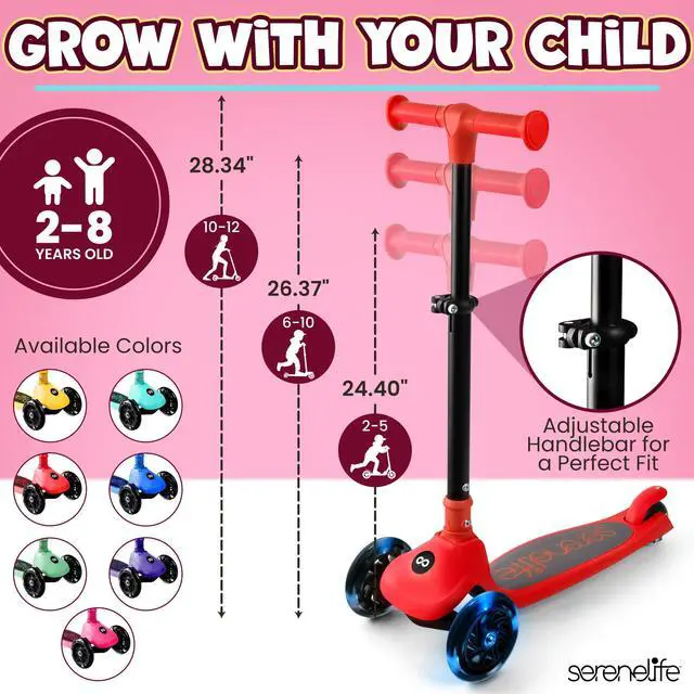 Alt view image 4 of 5 - SereneLife 3-Wheel Foldable Kids Scooter  LED Wheel Lights, Adjustable Handlebar, Rear Foot Brake, Lean-to-Steer, Anti-Slip Deck  Ideal for Toddlers & Kids 3+, up to 110 lbs