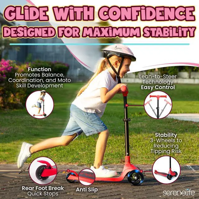 Alt view image 3 of 5 - SereneLife 3-Wheel Foldable Kids Scooter  LED Wheel Lights, Adjustable Handlebar, Rear Foot Brake, Lean-to-Steer, Anti-Slip Deck  Ideal for Toddlers & Kids 3+, up to 110 lbs