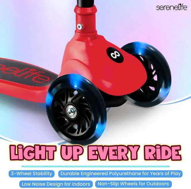 Alt view image 5 of 5 - SereneLife 3-Wheel Foldable Kids Scooter  LED Wheel Lights, Adjustable Handlebar, Rear Foot Brake, Lean-to-Steer, Anti-Slip Deck  Ideal for Toddlers & Kids 3+, up to 110 lbs