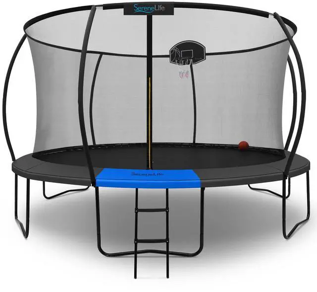 Main image of SereneLife 14FT Outdoor Trampoline for Kids  Durable Backyard Kids Trampoline with Curved Safety Poles, Net Enclosure, Ladder & Basketball Hoop  ASTM Certified, Supports 330 lbs, 168"x116", Black