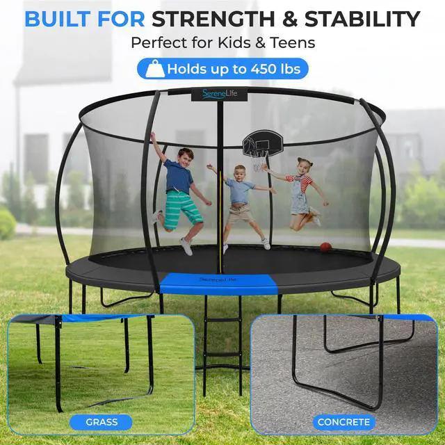 Alt view image 2 of 5 - SereneLife 14FT Outdoor Trampoline for Kids  Durable Backyard Kids Trampoline with Curved Safety Poles, Net Enclosure, Ladder & Basketball Hoop  ASTM Certified, Supports 330 lbs, 168"x116", Black