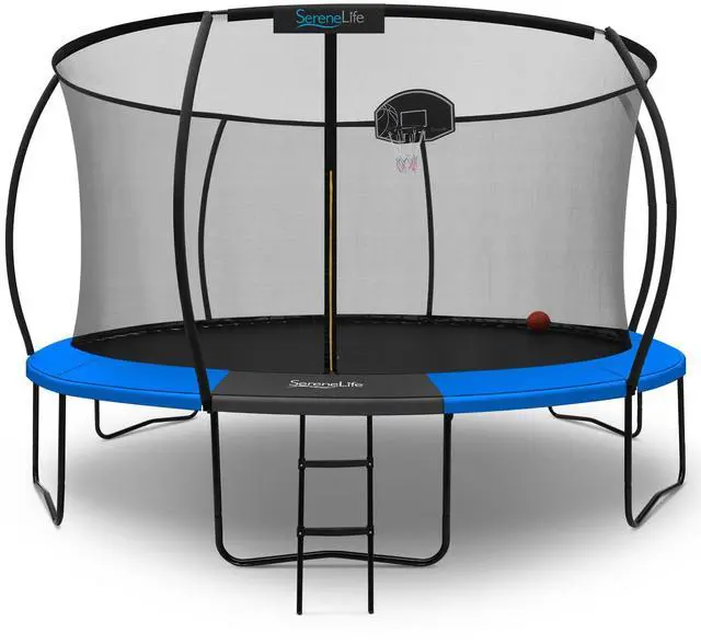 Main image of SereneLife 14FT Outdoor Trampoline for Kids  Durable Backyard Kids Trampoline with Curved Safety Poles, Net Enclosure, Ladder & Basketball Hoop  ASTM Certified, Supports 330 lbs, 168"x116", Blue