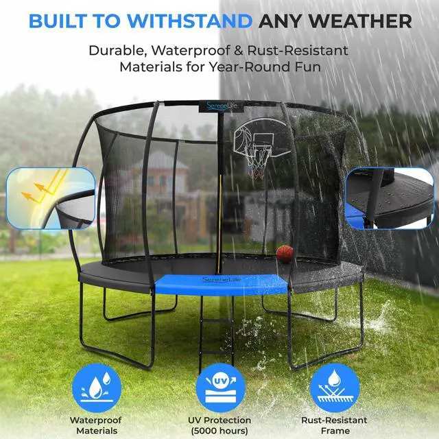 Alt view image 5 of 5 - SereneLife 14FT Outdoor Trampoline for Kids  Durable Backyard Kids Trampoline with Curved Safety Poles, Net Enclosure, Ladder & Basketball Hoop  ASTM Certified, Supports 330 lbs, 168"x116", Black