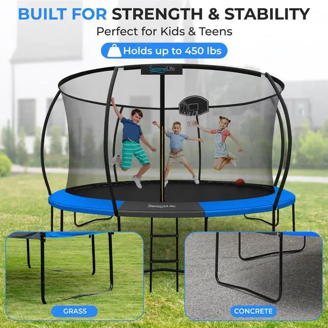 Alt view image 2 of 5 - SereneLife 14FT Outdoor Trampoline for Kids  Durable Backyard Kids Trampoline with Curved Safety Poles, Net Enclosure, Ladder & Basketball Hoop  ASTM Certified, Supports 330 lbs, 168"x116", Blue