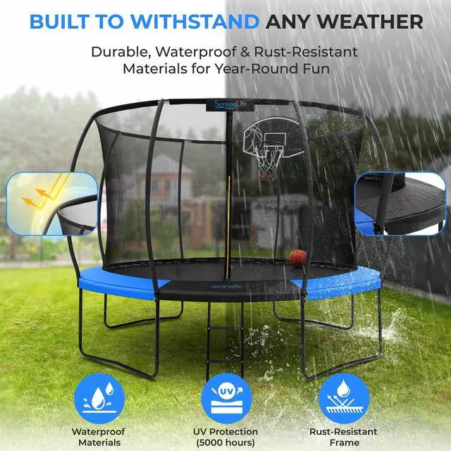 Alt view image 5 of 5 - SereneLife 14FT Outdoor Trampoline for Kids  Durable Backyard Kids Trampoline with Curved Safety Poles, Net Enclosure, Ladder & Basketball Hoop  ASTM Certified, Supports 330 lbs, 168"x116", Blue