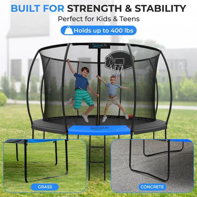 Alt view image 2 of 5 - SereneLife 12FT Outdoor Trampoline for Kids  Durable Backyard Kids Trampoline with Curved Safety Poles, Net Enclosure, Ladder & Basketball Hoop  ASTM Certified, Supports 308 lbs, 144"x116", Black