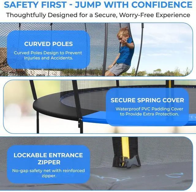Alt view image 4 of 5 - SereneLife 8FT Outdoor Trampoline for Kids  Durable Backyard Kids Trampoline with Curved Safety Poles, Net Enclosure, Ladder & Basketball Hoop  ASTM Certified, Supports 264 lbs, 96"x82", Black