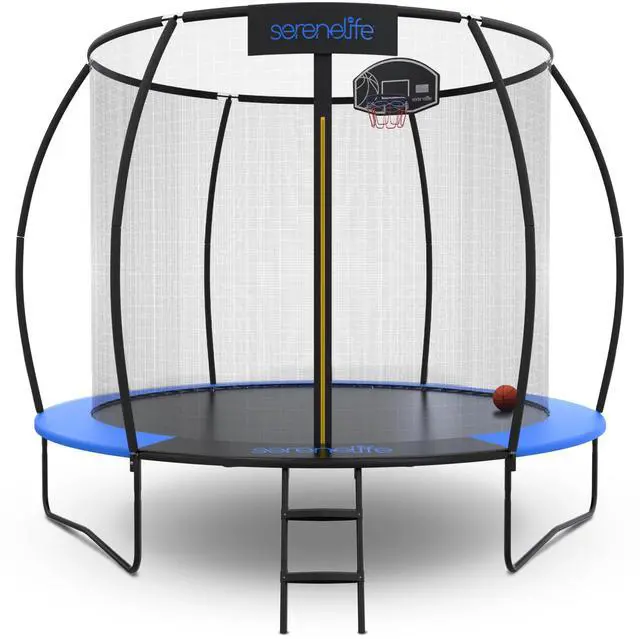Main image of SereneLife 10FT Outdoor Trampoline for Kids  Durable Backyard Kids Trampoline with Curved Safety Poles, Net Enclosure, Ladder & Basketball Hoop  ASTM Certified, Supports 308 lbs, 120"x111", Blue
