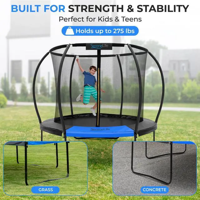 Alt view image 2 of 5 - SereneLife 8FT Outdoor Trampoline for Kids  Durable Backyard Kids Trampoline with Curved Safety Poles, Net Enclosure, Ladder & Basketball Hoop  ASTM Certified, Supports 264 lbs, 96"x82", Black