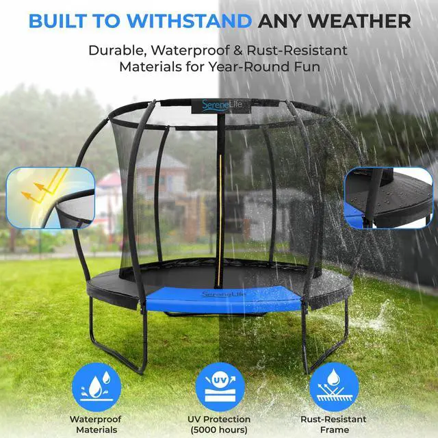 Alt view image 5 of 5 - SereneLife 8FT Outdoor Trampoline for Kids  Durable Backyard Kids Trampoline with Curved Safety Poles, Net Enclosure, Ladder & Basketball Hoop  ASTM Certified, Supports 264 lbs, 96"x82", Black