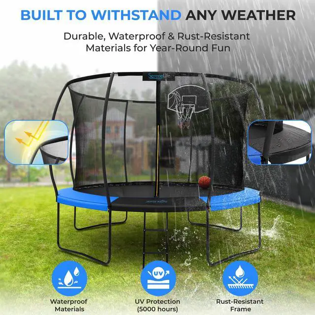 Alt view image 5 of 5 - SereneLife 10FT Outdoor Trampoline for Kids  Durable Backyard Kids Trampoline with Curved Safety Poles, Net Enclosure, Ladder & Basketball Hoop  ASTM Certified, Supports 308 lbs, 120"x111", Blue